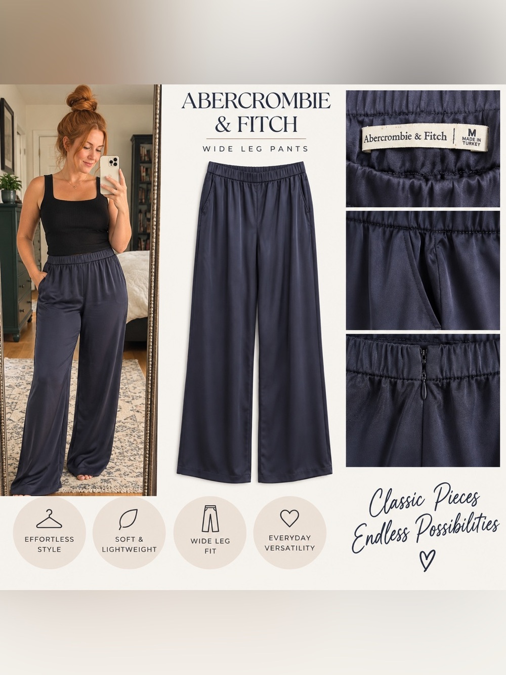 Abercrombie & Fitch Navy Satin-Look Wide Leg Pants